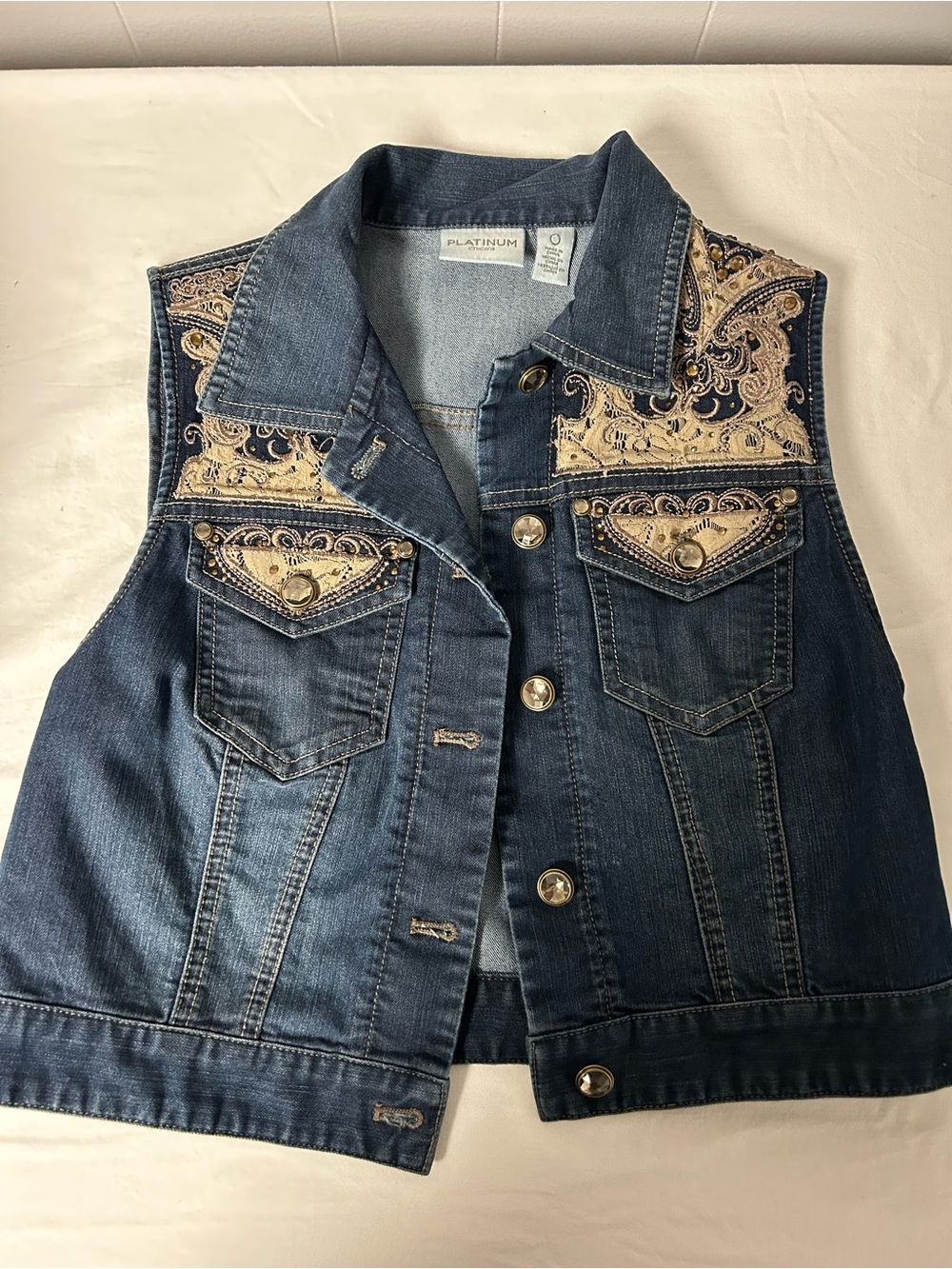 Platinum Chico’s Embellished Denim Vest with Beige Paisley Trim size 0